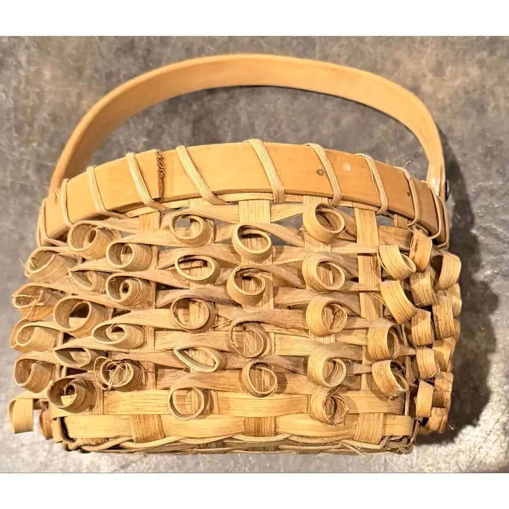 VTG Native American Penobscot Wabanaki Curly Ash Splint Basket W/ Folding Handle